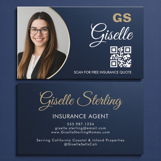 Insurance Agent Navy Blue Gold Photo Metallic Visitenkarte