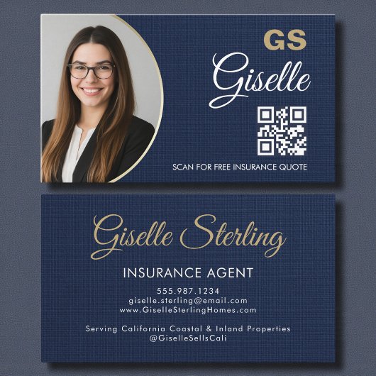 Insurance Agent Navy Blue Gold Photo QR Code Linen Visitenkarte