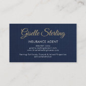 Insurance Agent Navy Blue Gold Photo QR Code Linen Visitenkarte (Rückseite)