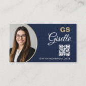 Insurance Agent Navy Blue Gold Photo QR Code Linen Visitenkarte (Vorderseite)