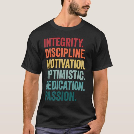 INTEGRITY MOTIVATION OPTIMISTIC DEDICATION Values T-Shirt (Vorderseite)