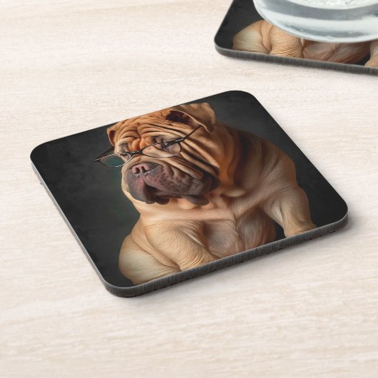 Intelligent Shar Pei Dog mit Buchdesign Getränkeuntersetzer (Linke Seite)