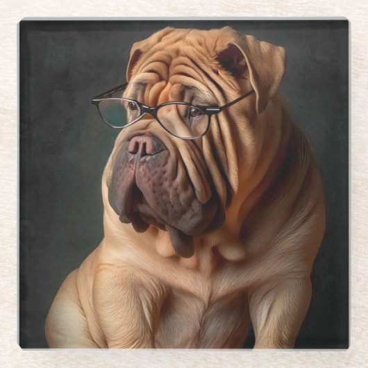 Intelligent Shar Pei Dog mit Buchdesign Glasuntersetzer (Vorderseite)