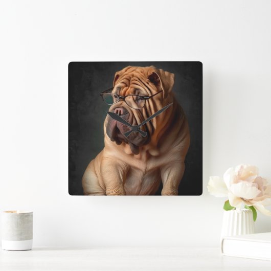 Intelligent Shar Pei Dog mit Buchdesign Quadratische Wanduhr (Zuhause)