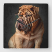 Intelligent Shar Pei Dog mit Buchdesign Quadratische Wanduhr (Vorderseite)
