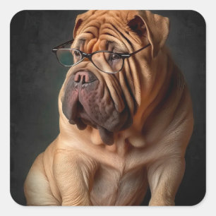 Intelligent Shar Pei Dog mit Buchdesign Quadratischer Aufkleber