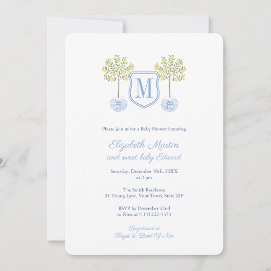 Intelligente Zitronenbaum Monogram Little Boy Baby Einladung (Vorderseite)