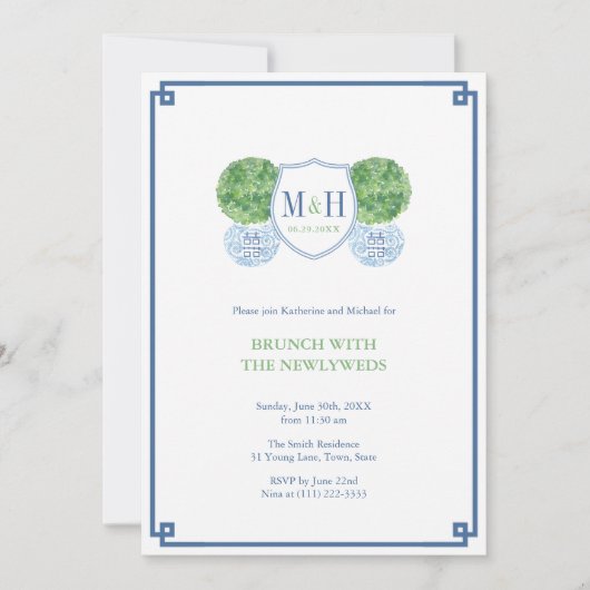 Intelligenter Blue & Green Monogram Brunch mit neu Einladung (Vorderseite)
