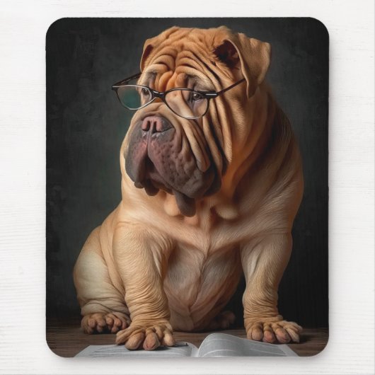 Intelligenter Shar Pei Hund mit Buch Design Mousepad (Vorne)