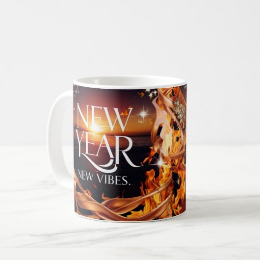 Intense Fire Sunset "New Year, New Vibes" Premium Kaffeetasse (Vorderseite Links)