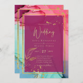 Intense PINK Türkis GOLD WEDD Alkohol Tinte Einladung (Vorne/Hinten)