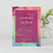 Intense PINK Türkis GOLD WEDD Alkohol Tinte Einladung (Stehend Vorderseite)