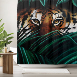Intensive Grüne Dschungel Tiger Augen Wildnis Blät Duschvorhang