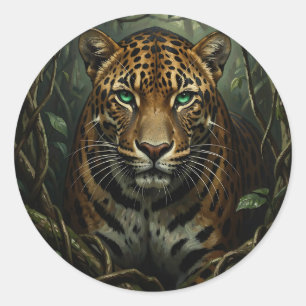 Intensiver grüner Jaguar-Dschungel mit Augen Runder Aufkleber