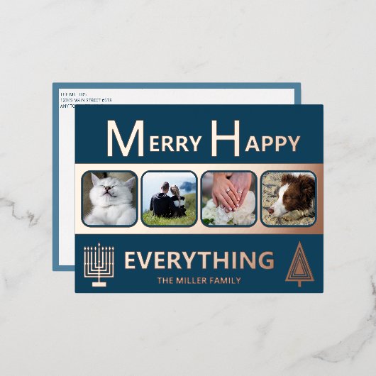 Interfaith 4 Photo Simple Modern Navy Rose Gold Folien Feiertagspostkarte (Vorderseite/Rückseite)