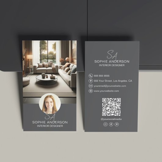 Interieur Designer Monogram Foto QR Grau Visitenkarte