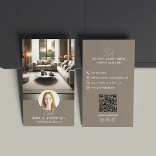Interieur Designer Monogram Foto QR Taupe Visitenkarte