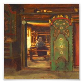 Interieur eines alten Cottage mit Frau am Webstuhl Fotodruck