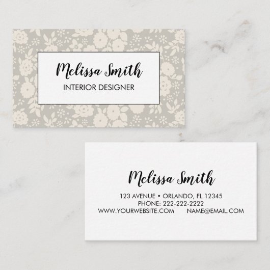 Interior Design Floral Pattern Gray Business Card Visitenkarte (Vorne/Hinten)
