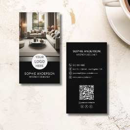 Interior Designer Logo Foto QR Social Media Black Visitenkarte