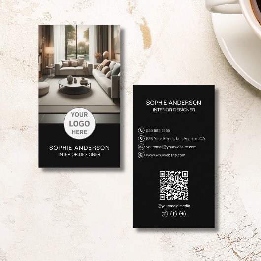 Interior Designer Logo Foto QR Social Media Black Visitenkarte