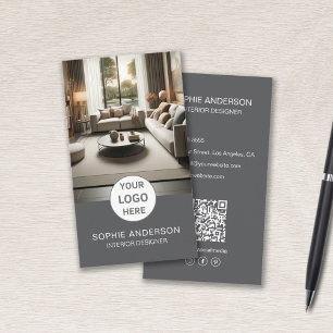 Interior Designer Logo Foto QR Social Media Grau Visitenkarte