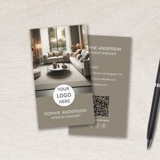 Interior Designer Logo Foto QR Social Media Taupe Visitenkarte