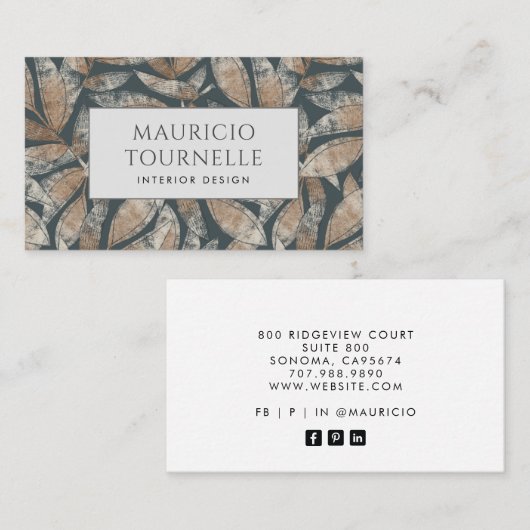 Interior Designer Modernes, erdgrünes Leaf Muster Visitenkarte (Vorne/Hinten)