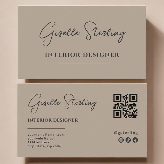 Interior Designer Neutral Taupe Script QR Code Visitenkarte