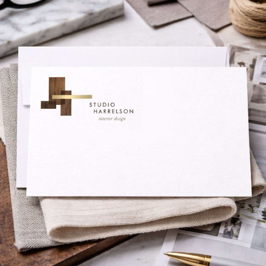 Interior Designer Wood Gold Logo Flat Notecard Mitteilungskarte