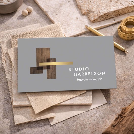 Interior Designer Wood Gold Logo Gray Visitenkarte