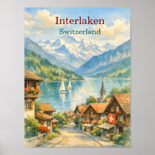 Interlaken Schweiz Aquarell vintage Reise Poster