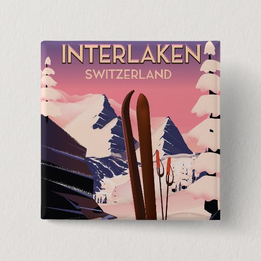 Interlaken Schweiz Skifahrplakat. Button (Vorderseite)