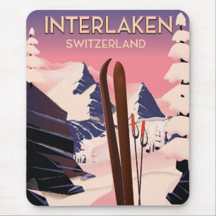 Interlaken Schweiz Skifahrplakat. Mousepad