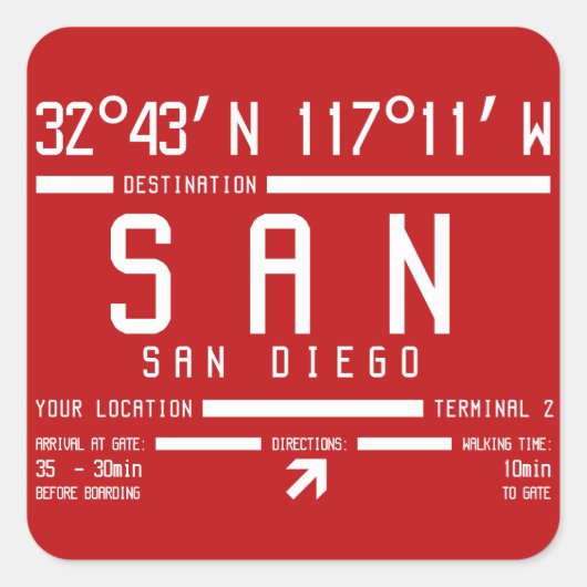 International IATA Airport Code San Diego Quadratischer Aufkleber (Vorderseite)