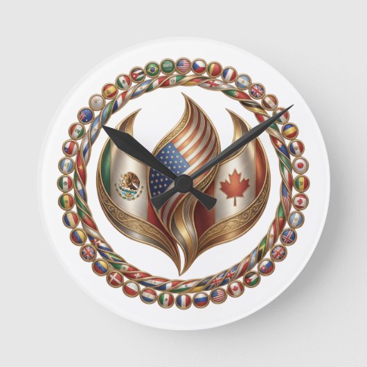 International Unity Flame with World Flags Emblem Runde Wanduhr (Vorderseite)