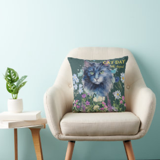 Internationaler Katzentag Wasserfarbe Wildblume Kissen