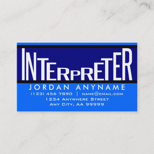 Interpreter Funky Text Blue Business Card Visitenkarte (Vorderseite)