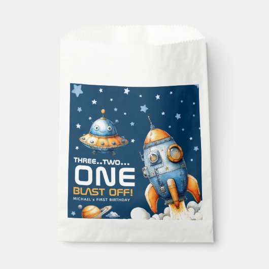 Interstellar Rocket Launch Blast Off 1st Birthday Geschenktütchen (Vorderseite)