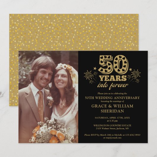 Into Forever 50th Anniversary Foto Gold Black Einladung (Vorne/Hinten)