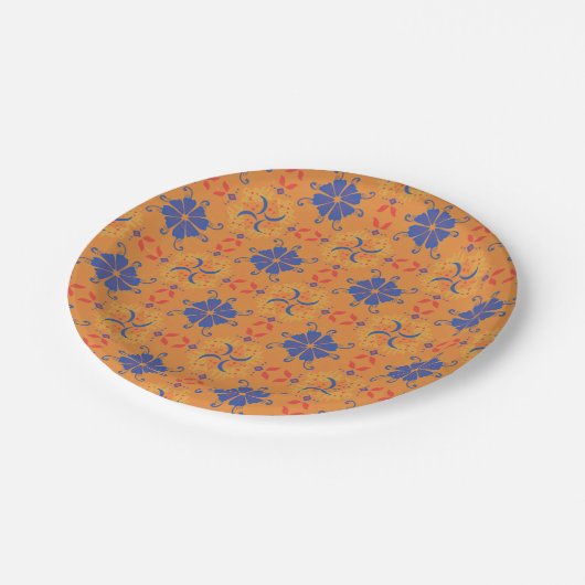 intricate blue and orange floral pattern pappteller (Schrägansicht)