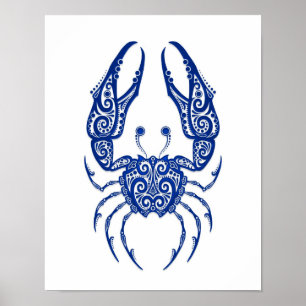 Intricate Blue Cancer Zodiac auf Weiß Poster