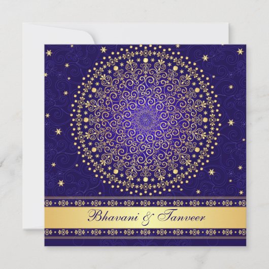 Intricate Blue, Gold Scrollstars Wedding Einladung (Vorderseite)