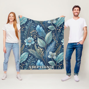 Intricate Blue & Green Botanical - Starry Dark Blu Fleecedecke