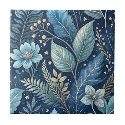 Intricate Blue & Green Botanical - Starry Dark Blu Fliese (Vorderseite)