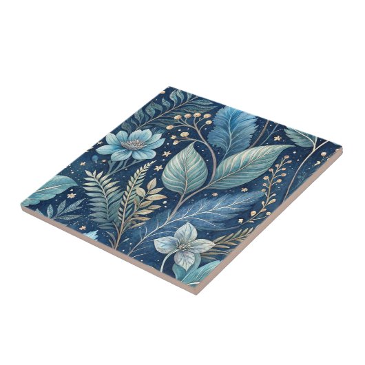Intricate Blue & Green Botanical - Starry Dark Blu Fliese (Seite)