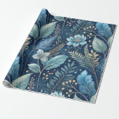 Intricate Blue & Green Botanical - Starry Dark Blu Geschenkpapier (Ungerollt)