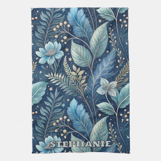 Intricate Blue & Green Botanical - Starry Dark Blu Geschirrtuch (Vertikal)