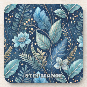 Intricate Blue & Green Botanical - Starry Dark Blu Getränkeuntersetzer