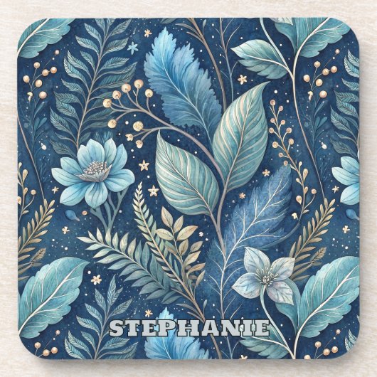 Intricate Blue & Green Botanical - Starry Dark Blu Getränkeuntersetzer (Vorderseite)